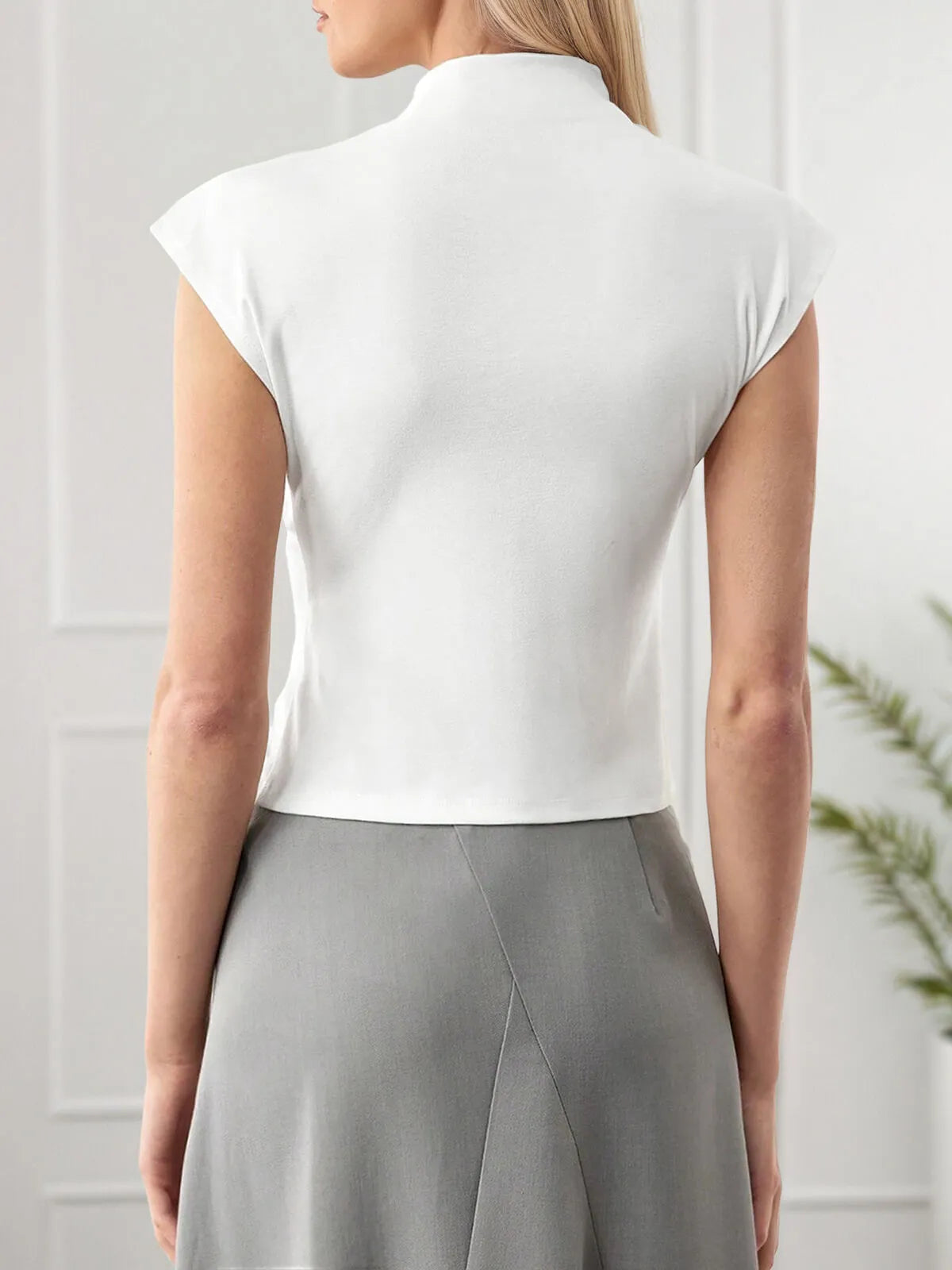 Solid High Neck Batwing Cap Sleeve T-shirt