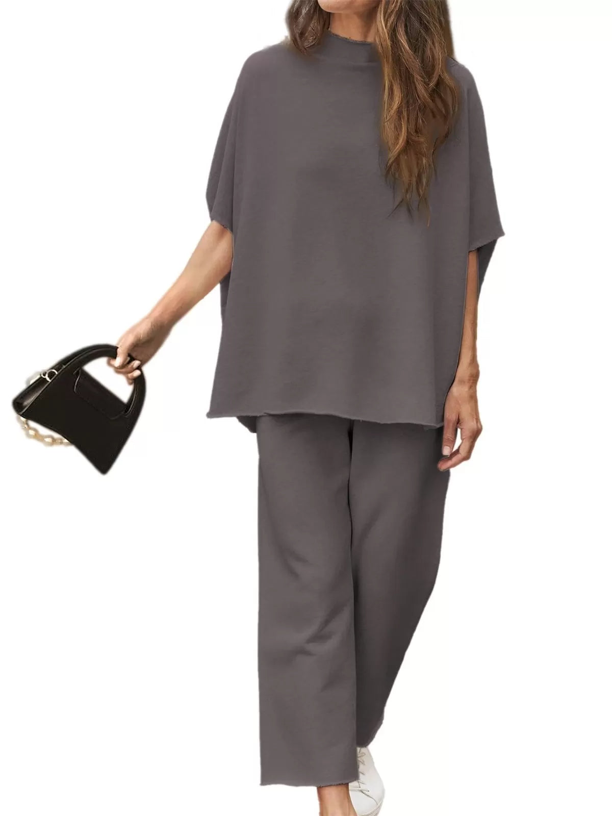 Solid Casual High Neck Mock T-shirt & Solid Wide Leg Pants Lounge Set