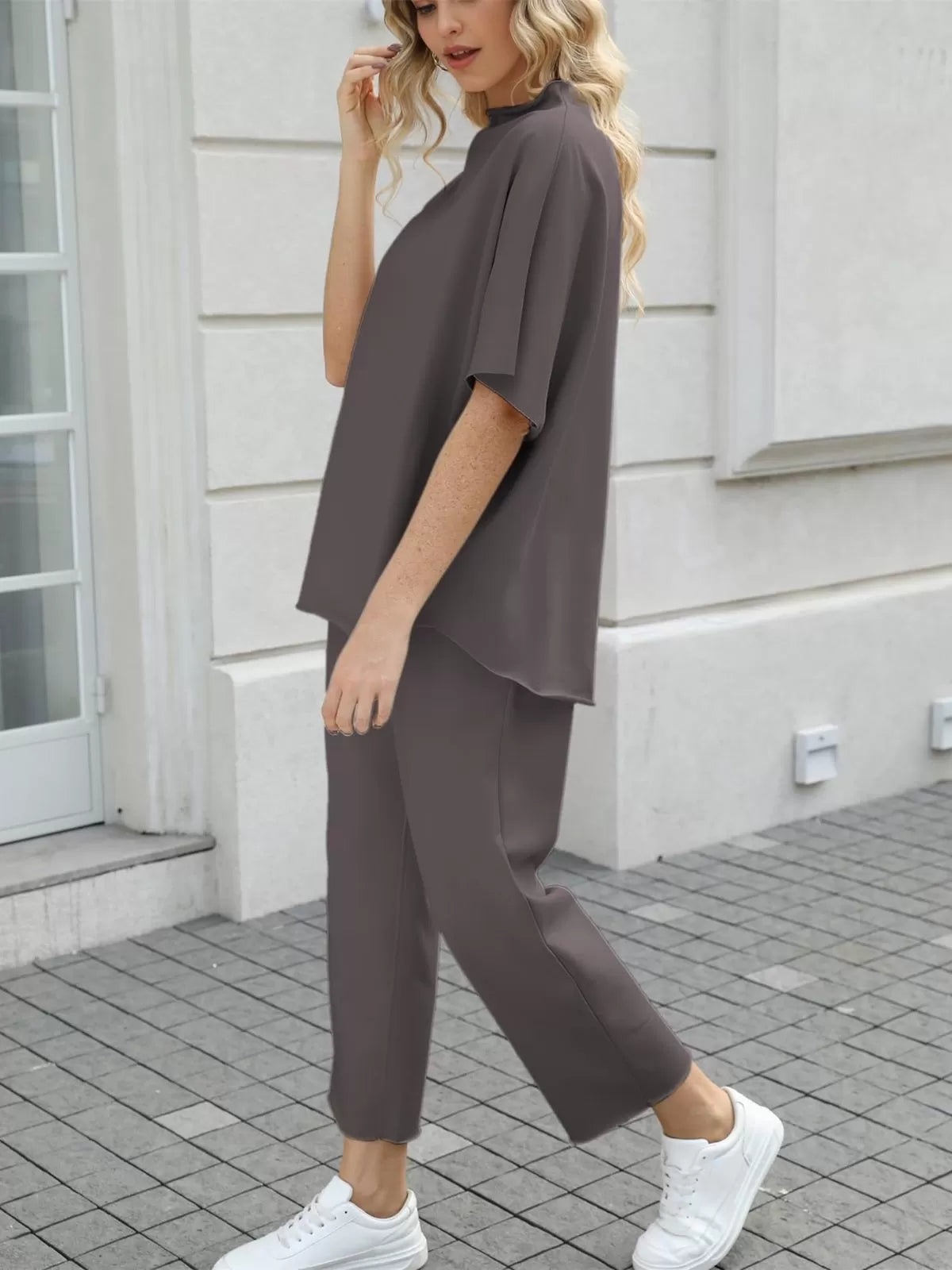 Solid Casual High Neck Mock T-shirt & Solid Wide Leg Pants Lounge Set