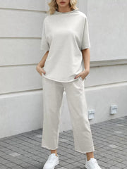 Solid Casual High Neck Mock T-shirt & Solid Wide Leg Pants Lounge Set