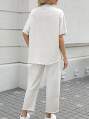 Solid Casual High Neck Mock T-shirt & Solid Wide Leg Pants Lounge Set