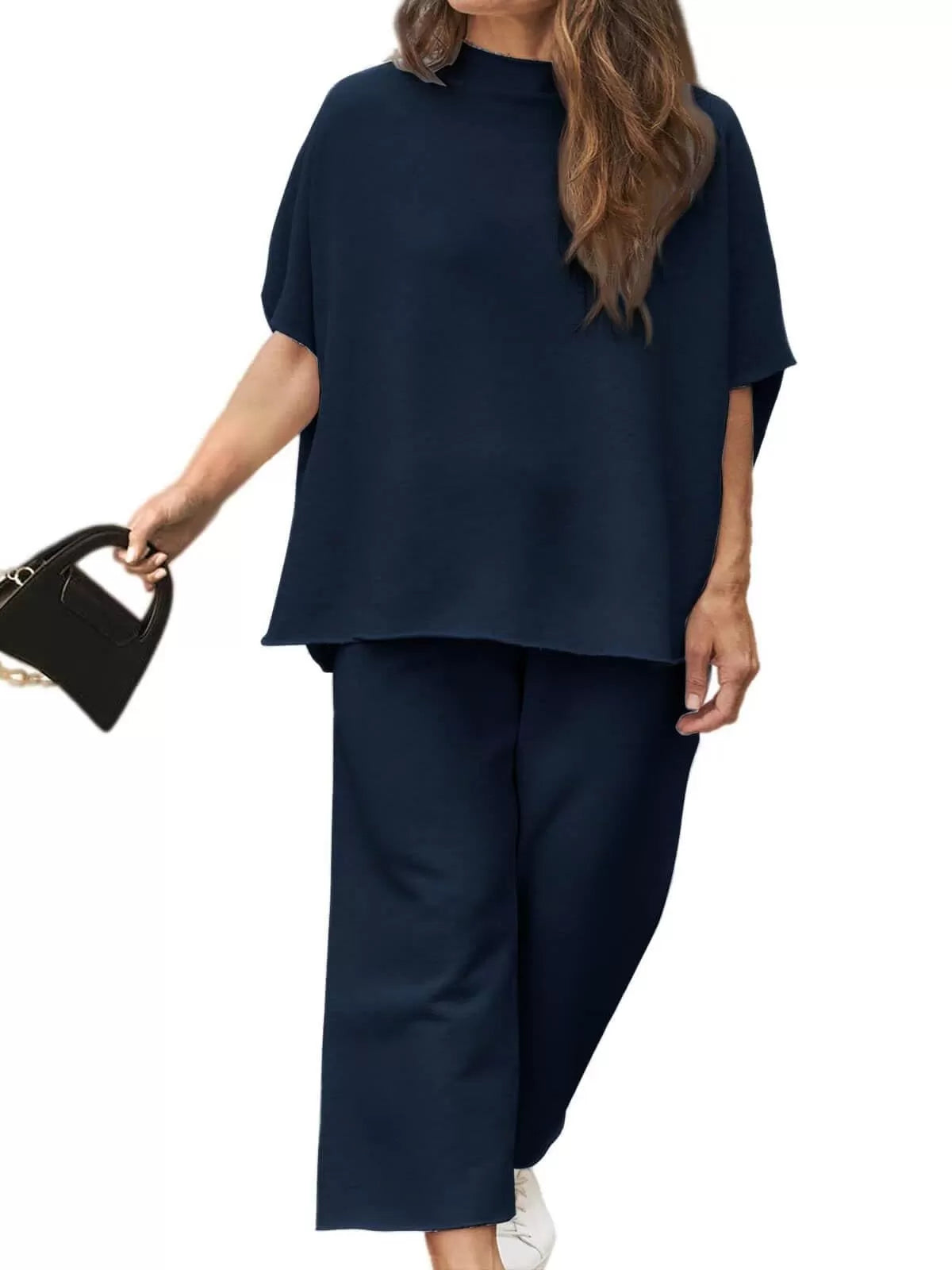 Solid Casual High Neck Mock T-shirt & Solid Wide Leg Pants Lounge Set