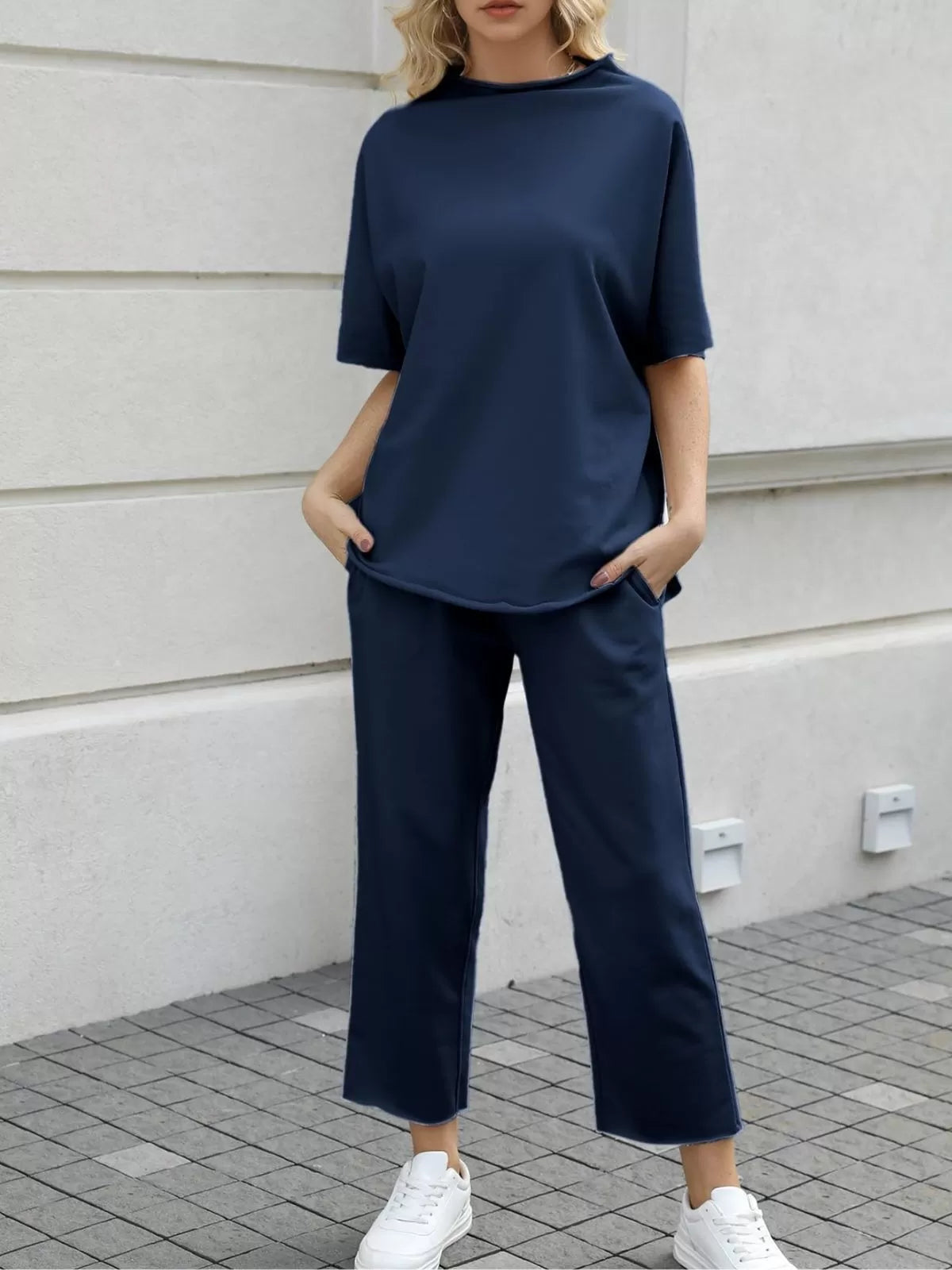Solid Casual High Neck Mock T-shirt & Solid Wide Leg Pants Lounge Set