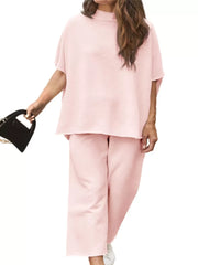 Solid Casual High Neck Mock T-shirt & Solid Wide Leg Pants Lounge Set