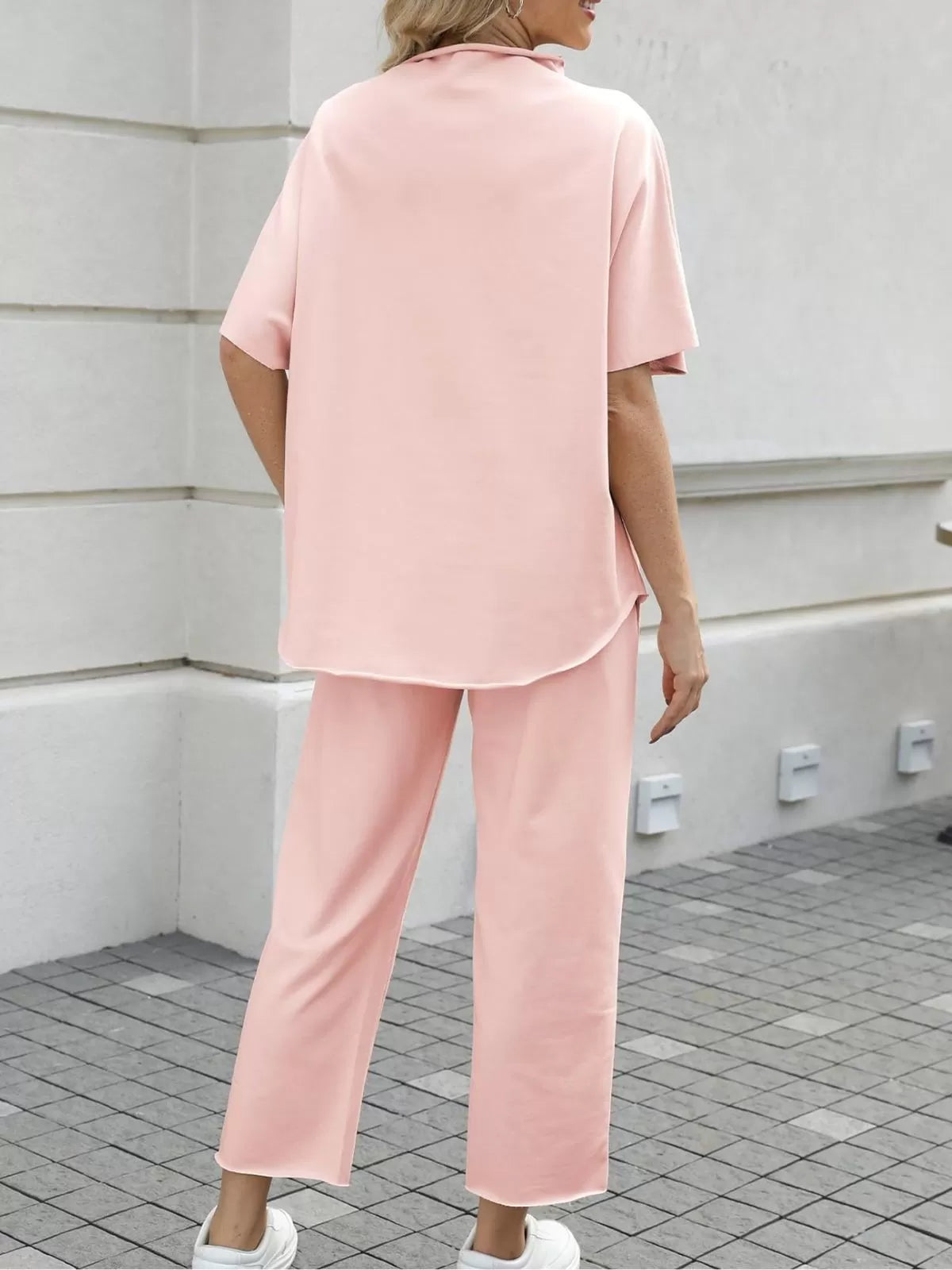 Solid Casual High Neck Mock T-shirt & Solid Wide Leg Pants Lounge Set