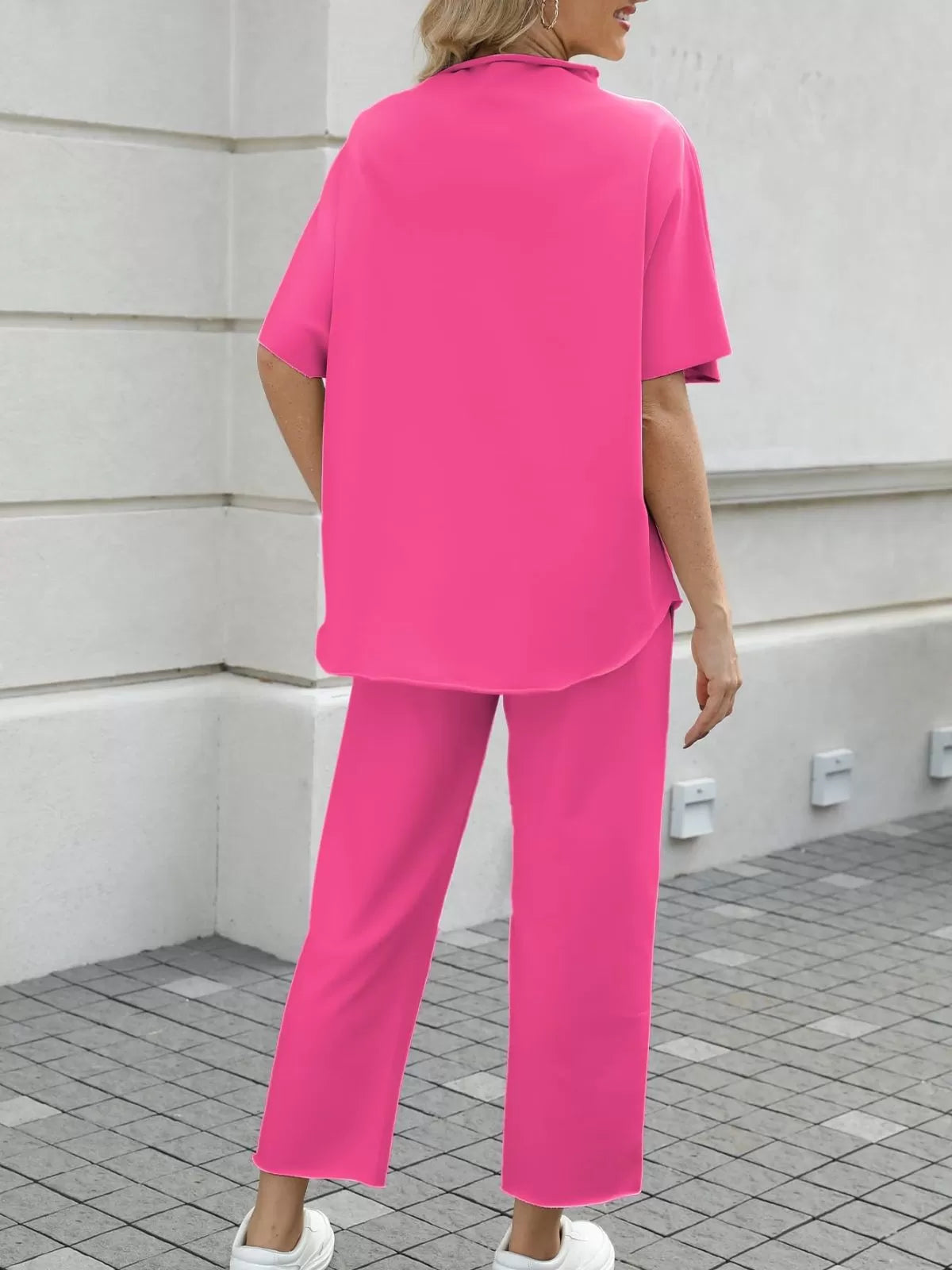 Solid Casual High Neck Mock T-shirt & Solid Wide Leg Pants Lounge Set