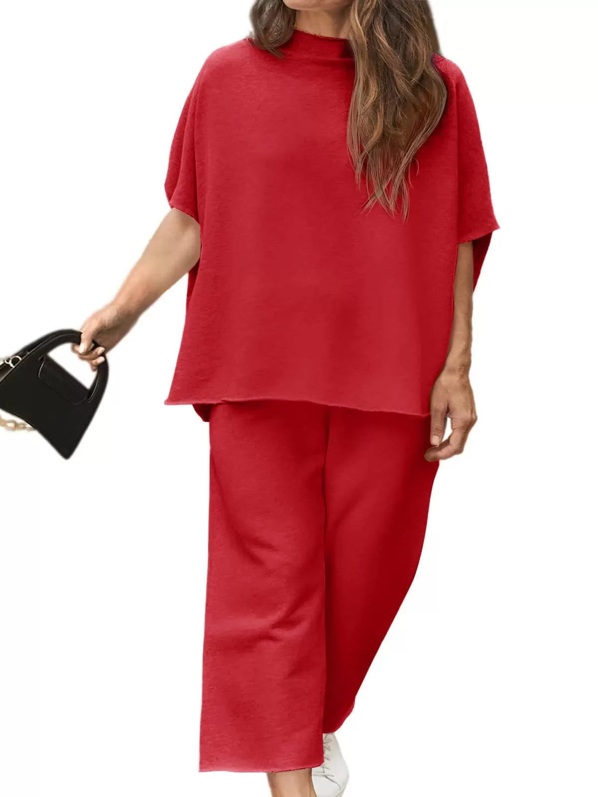 Solid Casual High Neck Mock T-shirt & Solid Wide Leg Pants Lounge Set