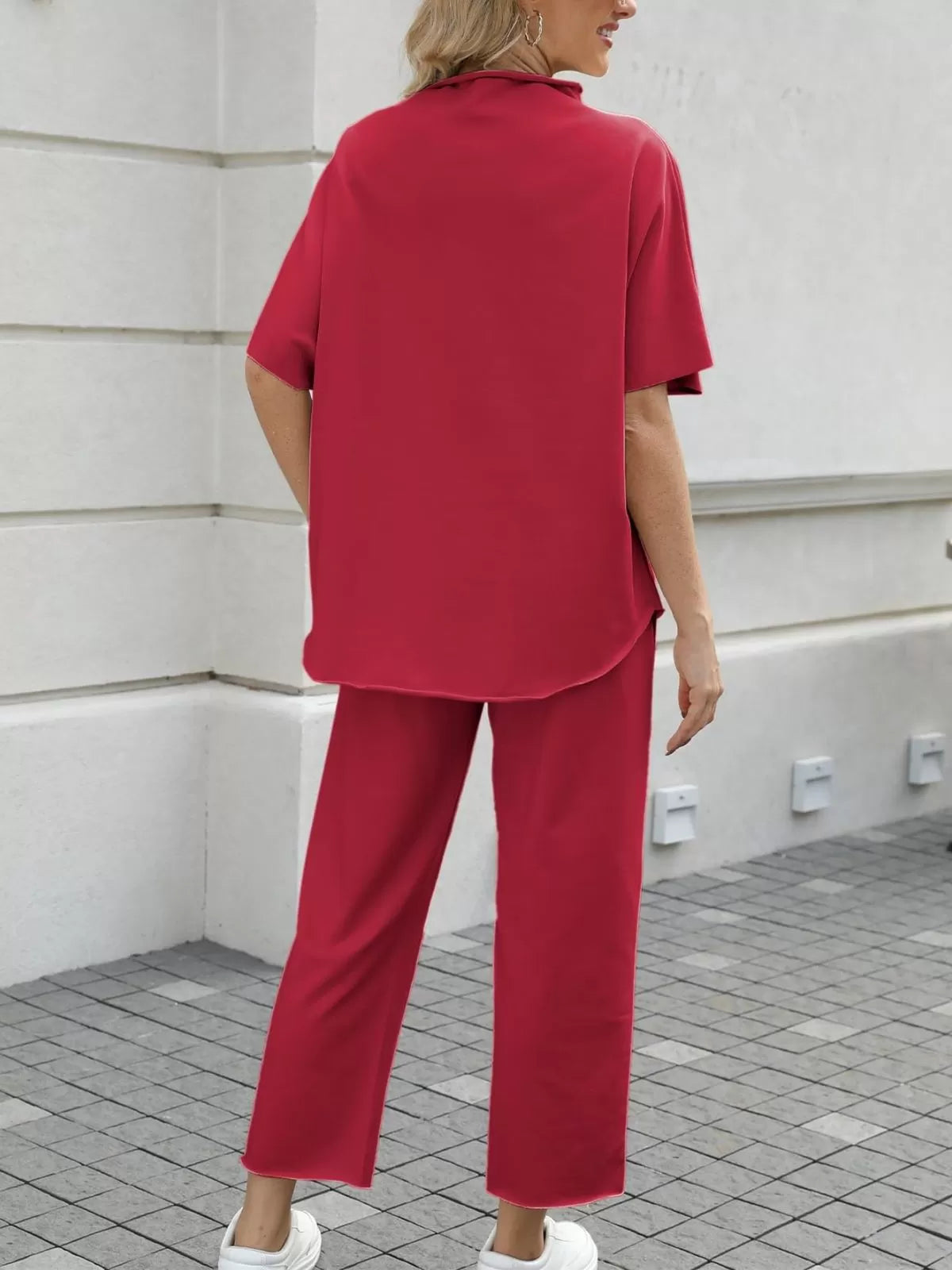 Solid Casual High Neck Mock T-shirt & Solid Wide Leg Pants Lounge Set