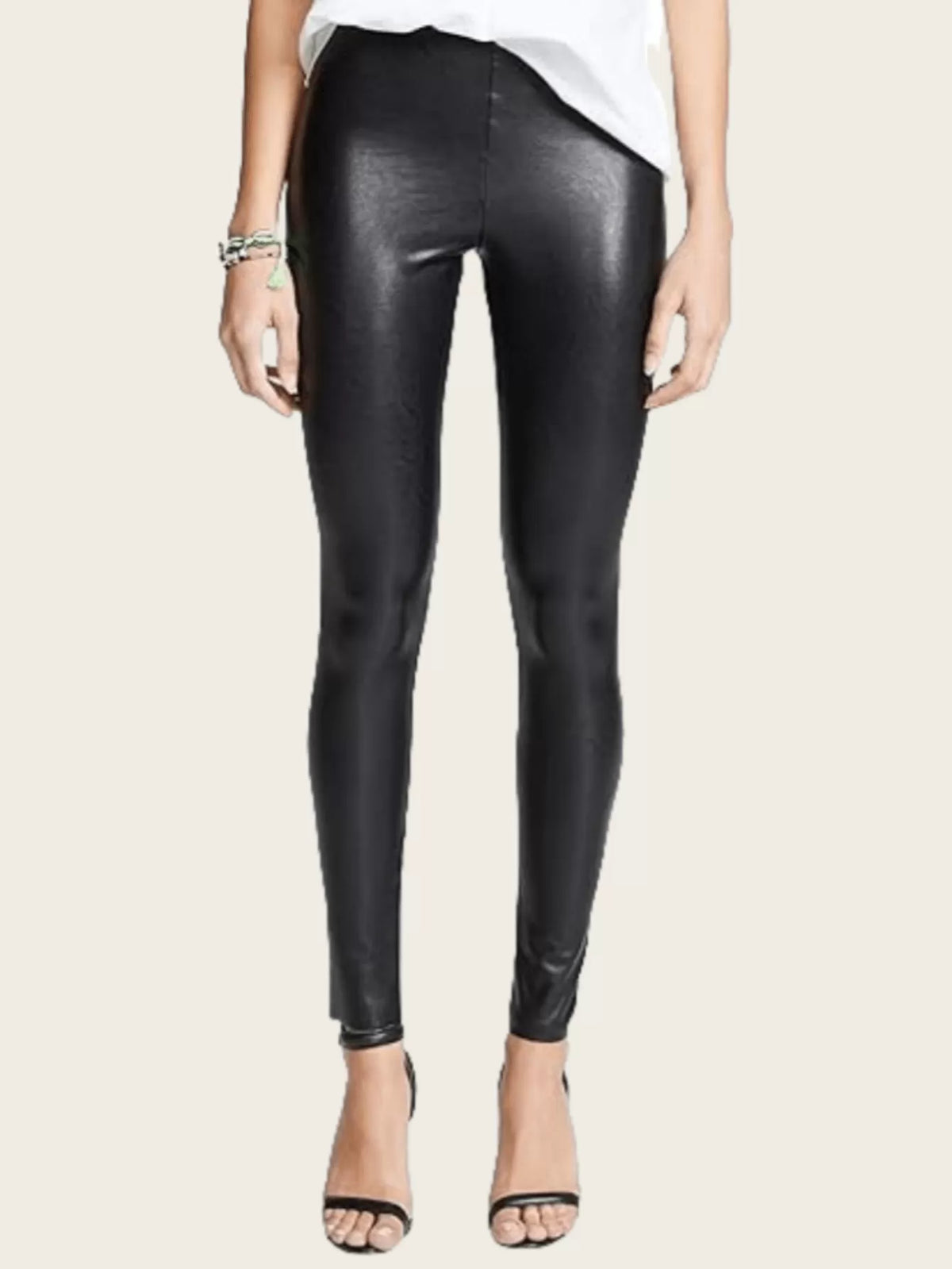 Solid High Rise Elastic Waist Pu Leather Leggings