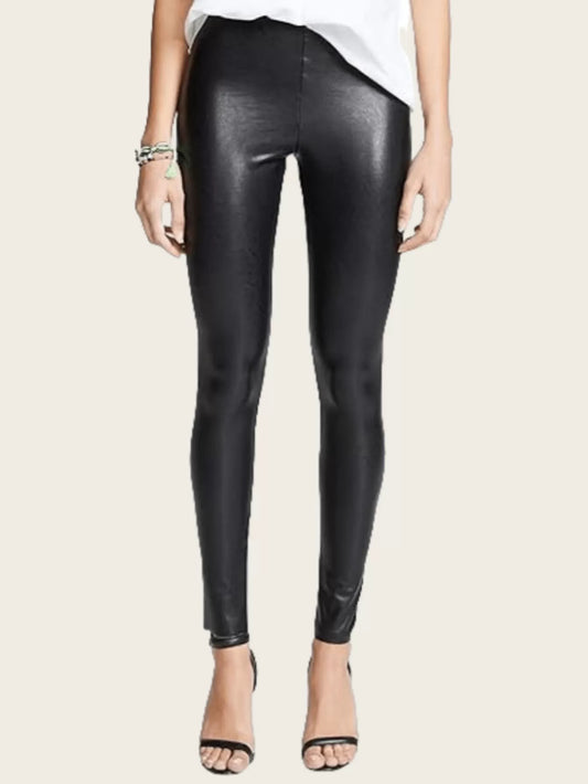 Solid High Rise Elastic Waist Pu Leather Leggings 1340