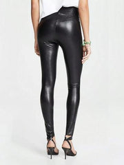 Solid High Rise Elastic Waist Pu Leather Leggings