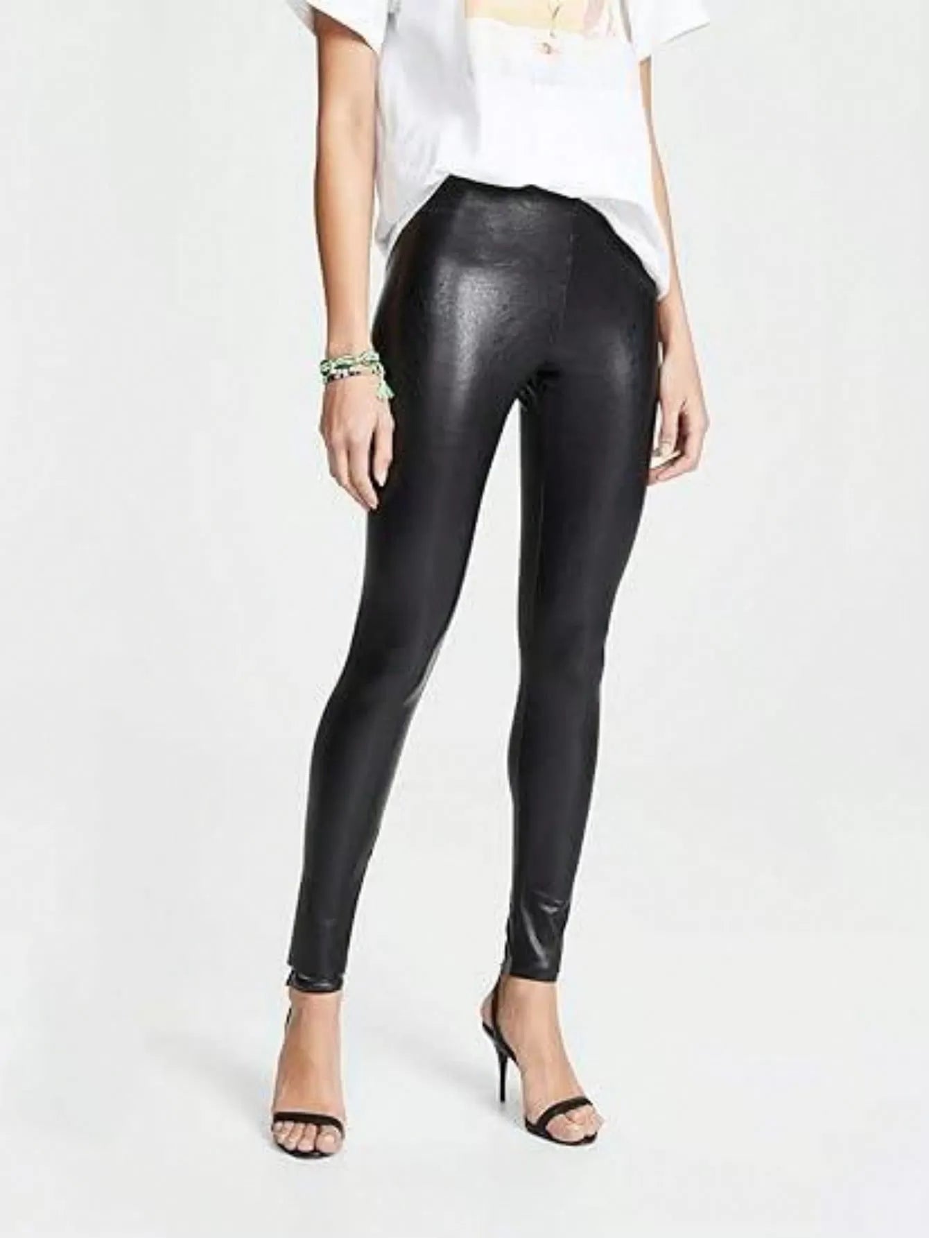 Solid High Rise Elastic Waist Pu Leather Leggings