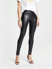 Solid High Rise Elastic Waist Pu Leather Leggings