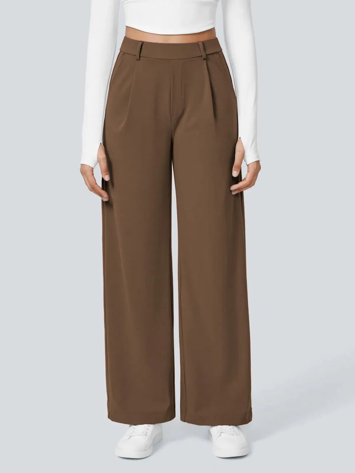 Office Chic Stretch Comfywear High Waisted Plicated Side Pocket Straight Leg Pants