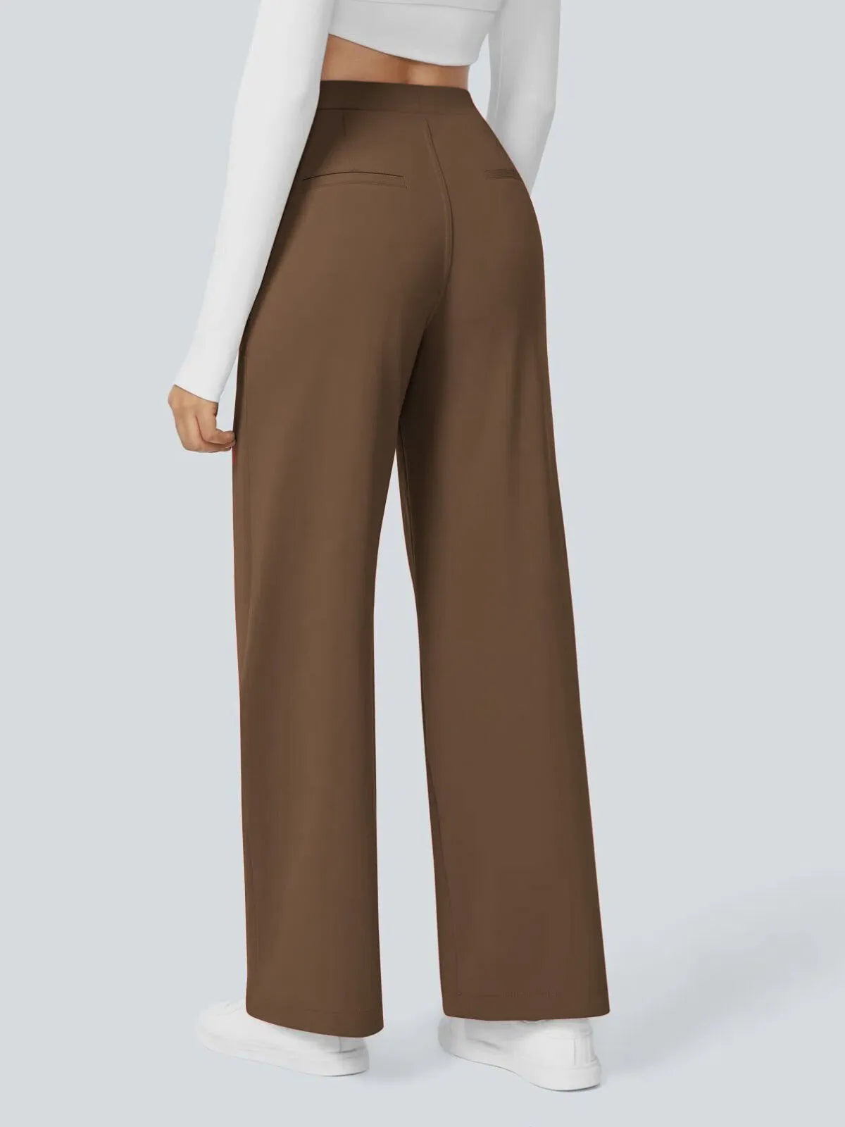 Office Chic Stretch Comfywear High Waisted Plicated Side Pocket Straight Leg Pants