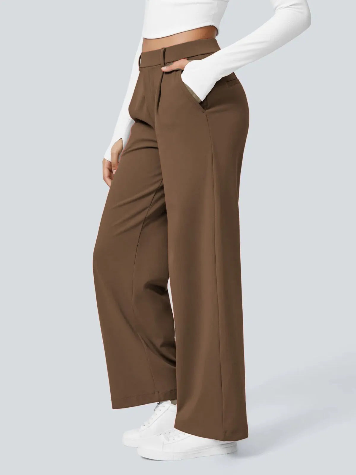 Office Chic Stretch Comfywear High Waisted Plicated Side Pocket Straight Leg Pants