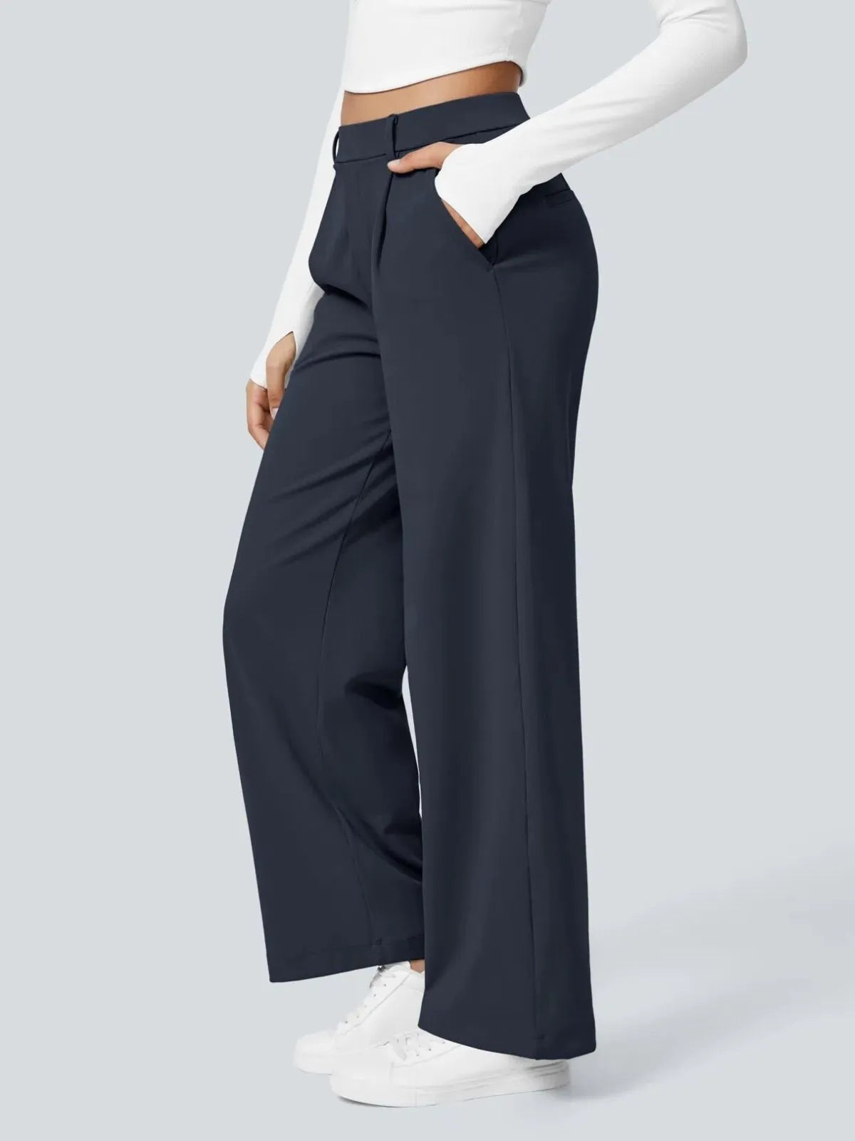 Office Chic Stretch Comfywear High Waisted Plicated Side Pocket Straight Leg Pants