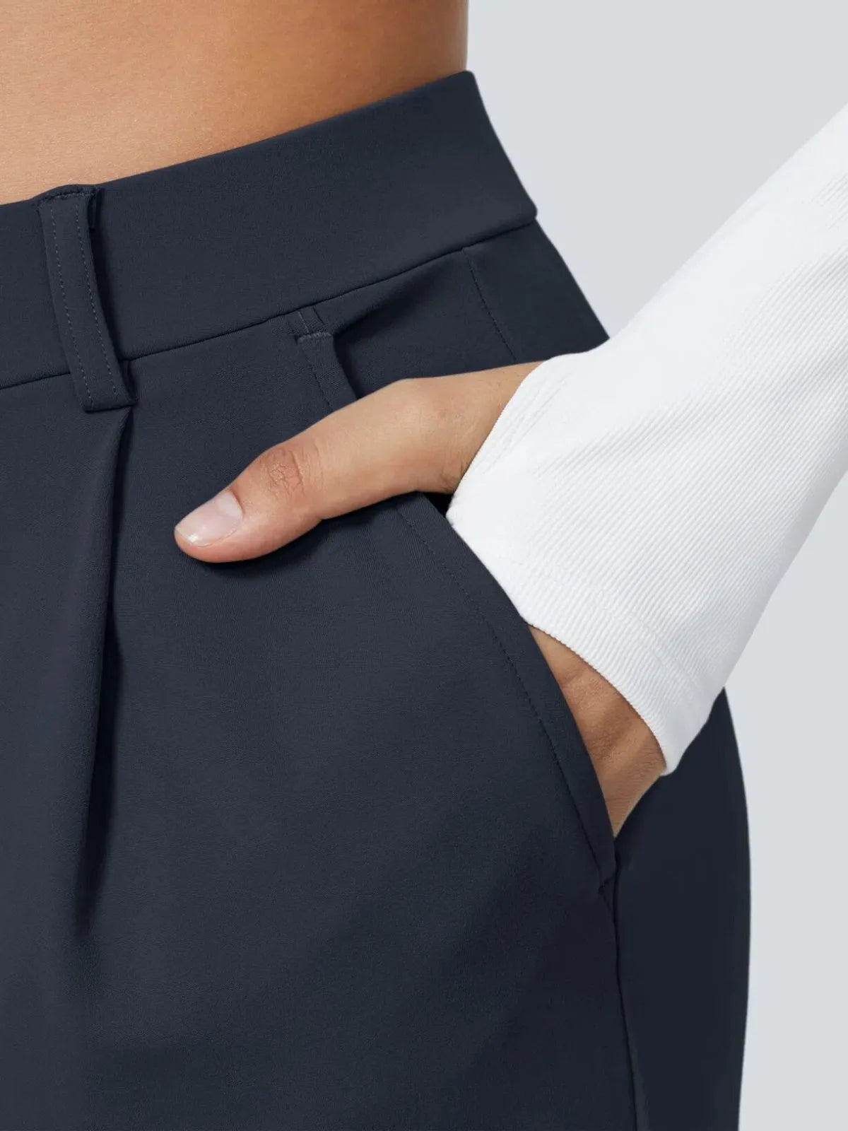 Office Chic Stretch Comfywear High Waisted Plicated Side Pocket Straight Leg Pants