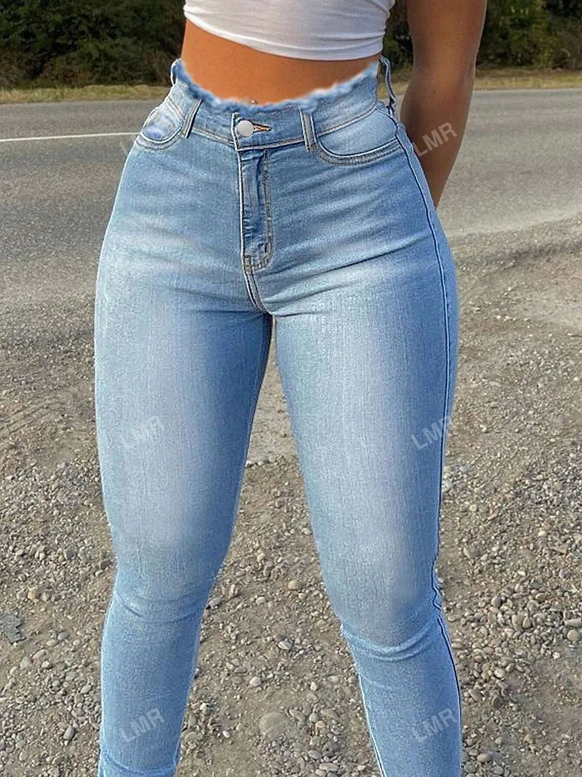 Fashion Casual Pocket Design Solid Ripped High Waist Skinny Denim Jeans
