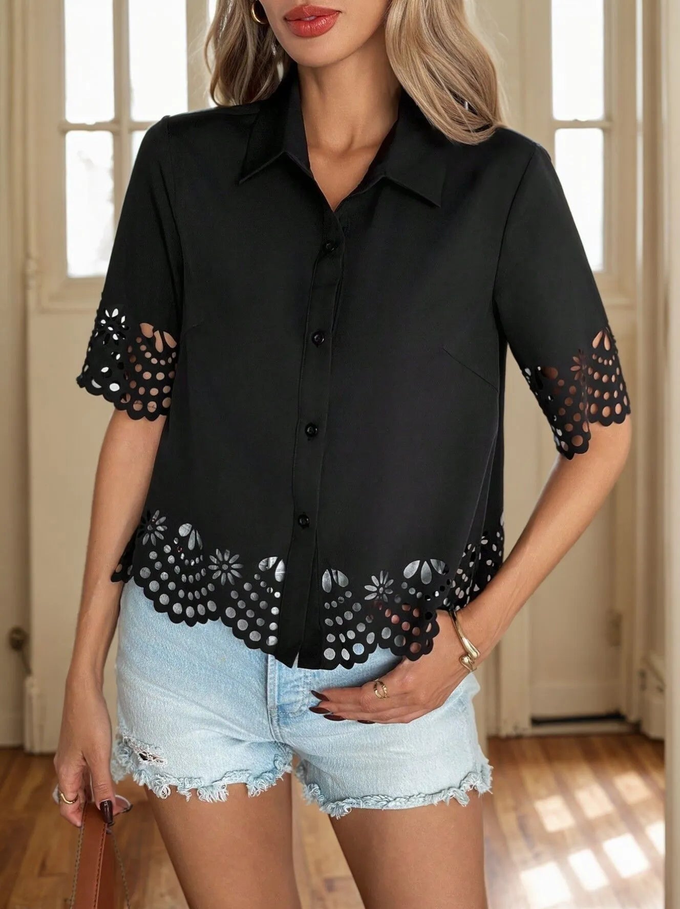 Solid Hollow Out Cutwork Cardigan