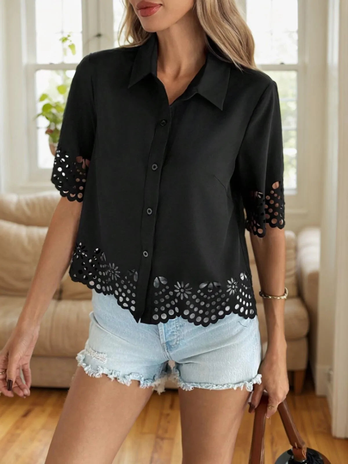 Solid Hollow Out Cutwork Cardigan