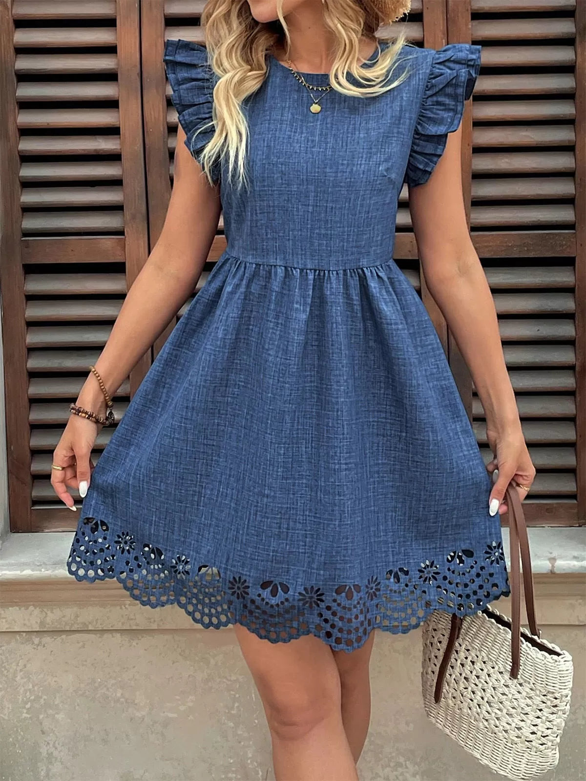 Solid Hollow Out Flounce Sleeve A-line Dress