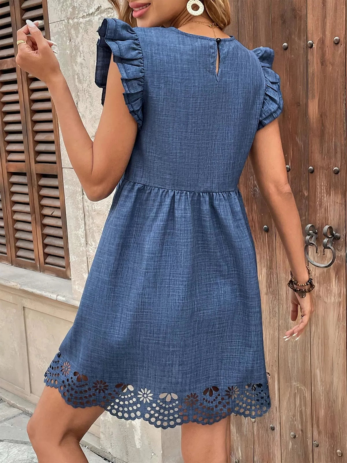 Solid Hollow Out Flounce Sleeve A-line Dress