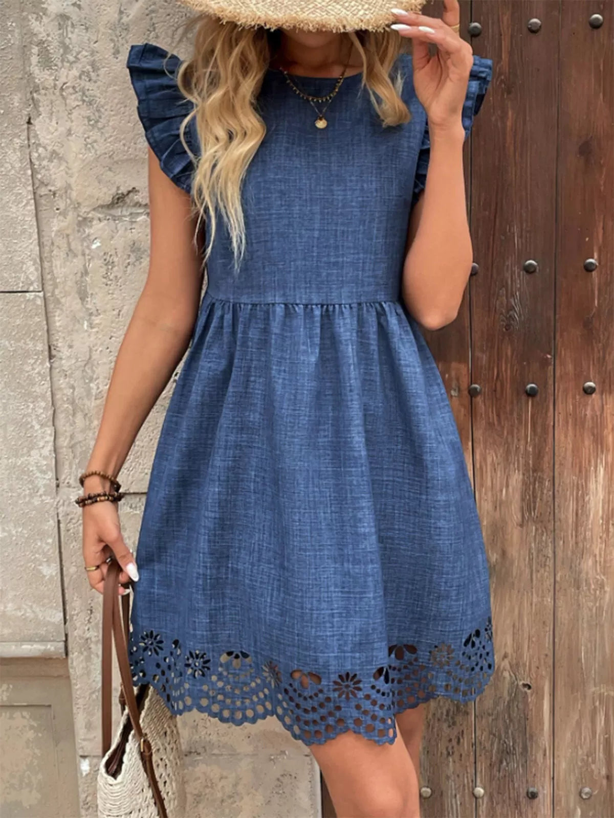 Solid Hollow Out Flounce Sleeve A-line Dress