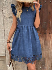Solid Hollow Out Flounce Sleeve A-line Dress