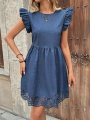 Solid Hollow Out Flounce Sleeve A-line Dress