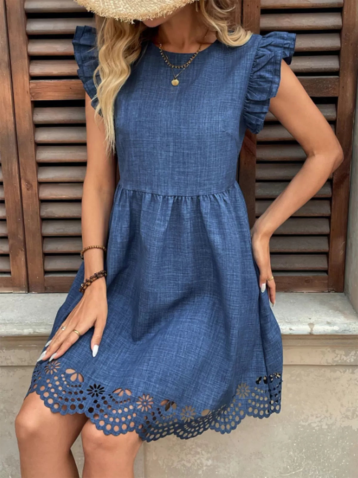 Solid Hollow Out Flounce Sleeve A-line Dress