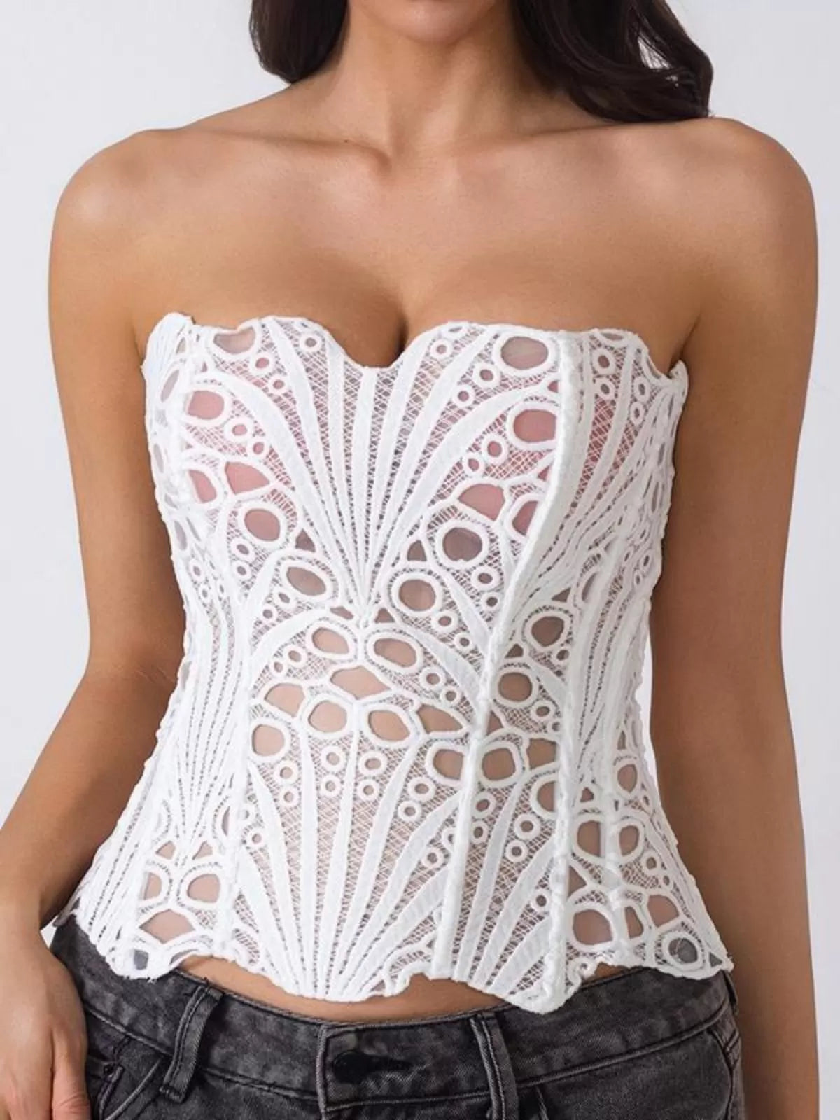 Random Pattern Hollow Out Strapless Corset Elegant Contrast Lace Bandeau