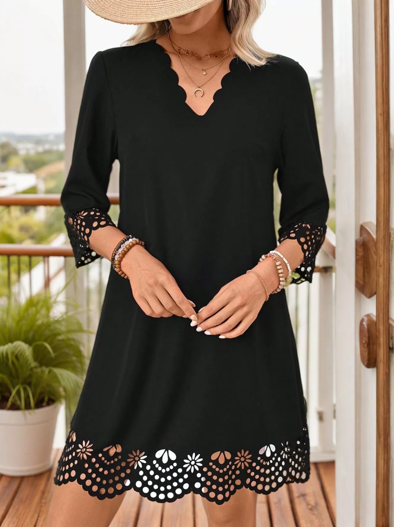 Solid Elegant Hollow Out V-neck A-line Dress