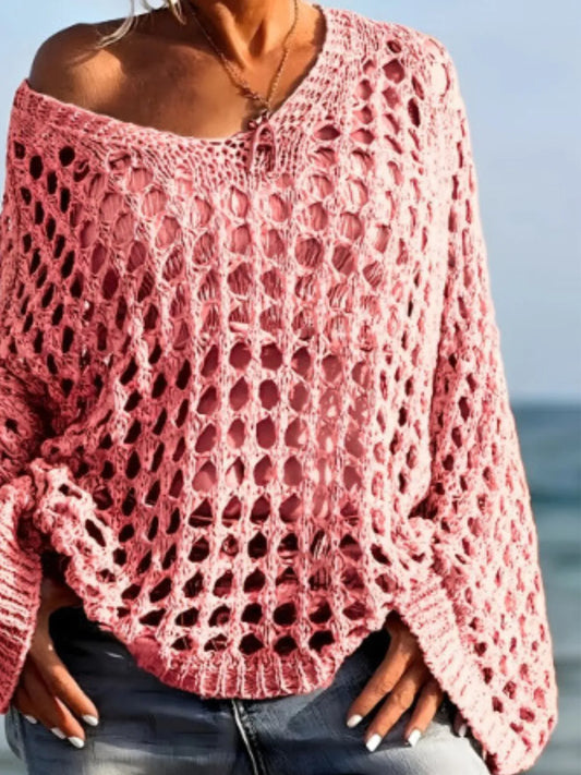 Solid Hollow Out V-neck Casual Loose-Fit Design Sweater 1200