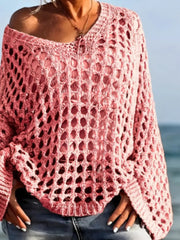 Solid Hollow Out V-neck Casual Loose-Fit Design Sweater