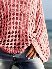 Solid Hollow Out V-neck Casual Loose-Fit Design Sweater
