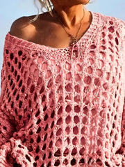 Solid Hollow Out V-neck Casual Loose-Fit Design Sweater