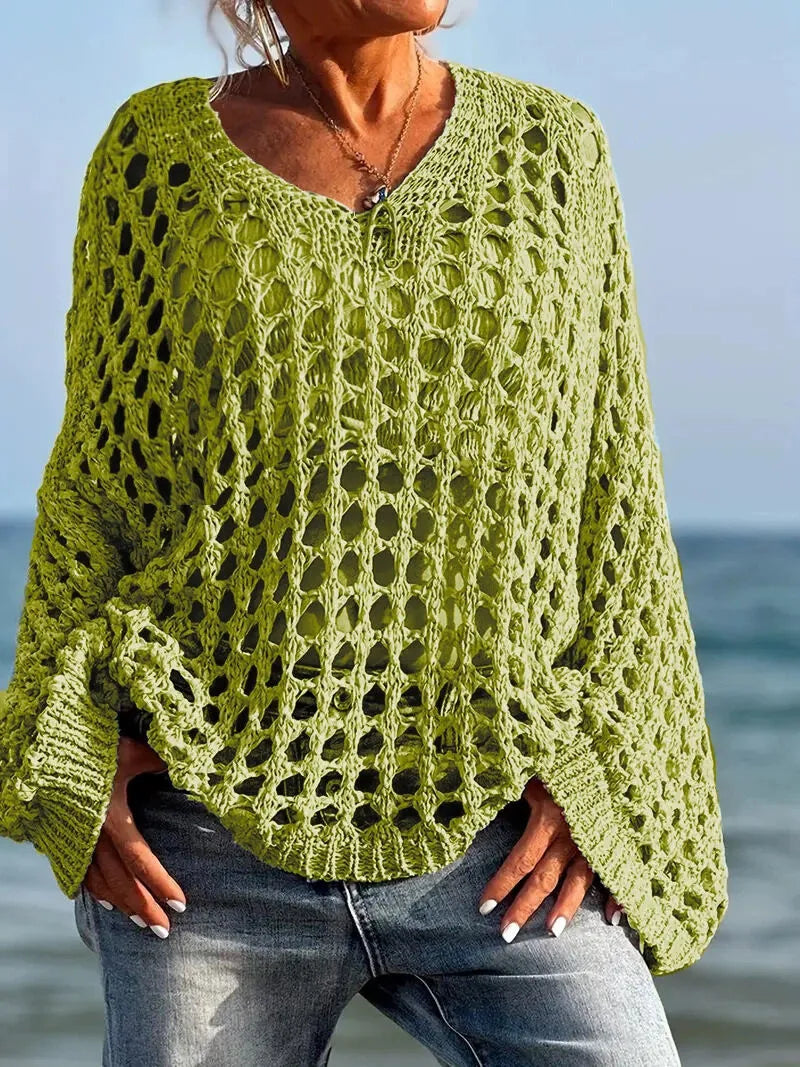 Solid Hollow Out V-neck Casual Loose-Fit Design Sweater