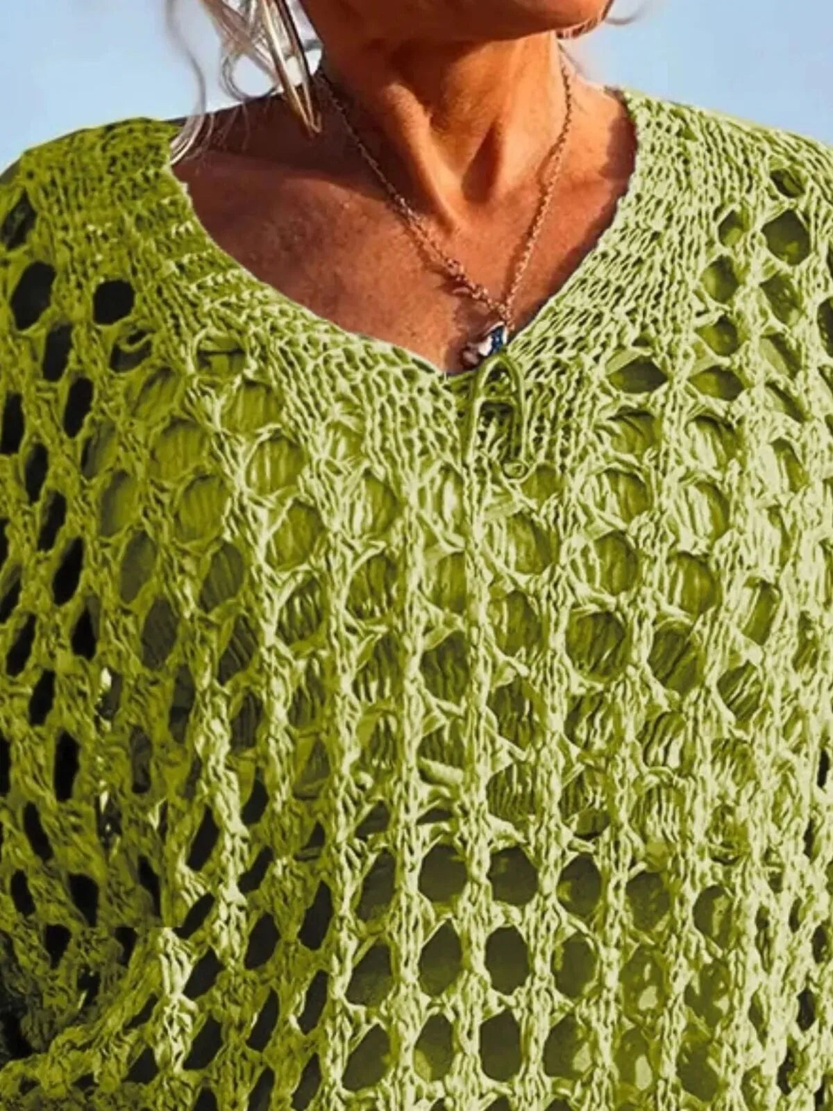 Solid Hollow Out V-neck Casual Loose-Fit Design Sweater