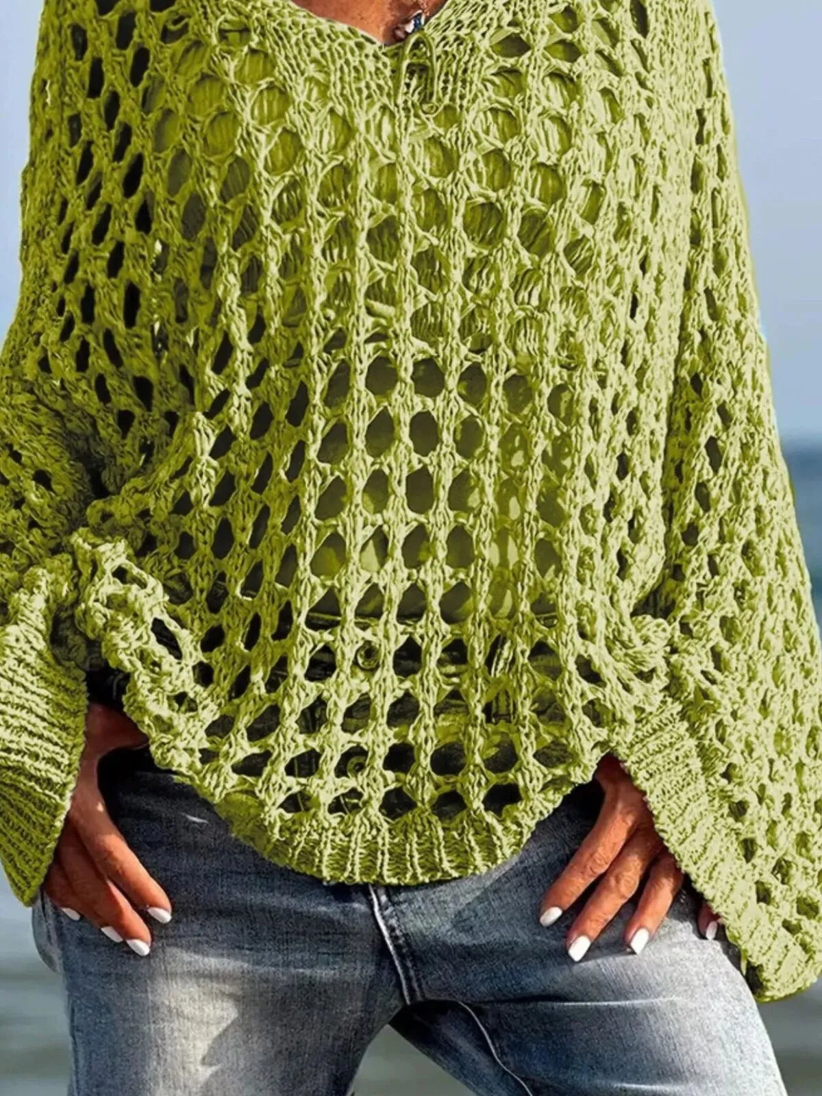 Solid Hollow Out V-neck Casual Loose-Fit Design Sweater