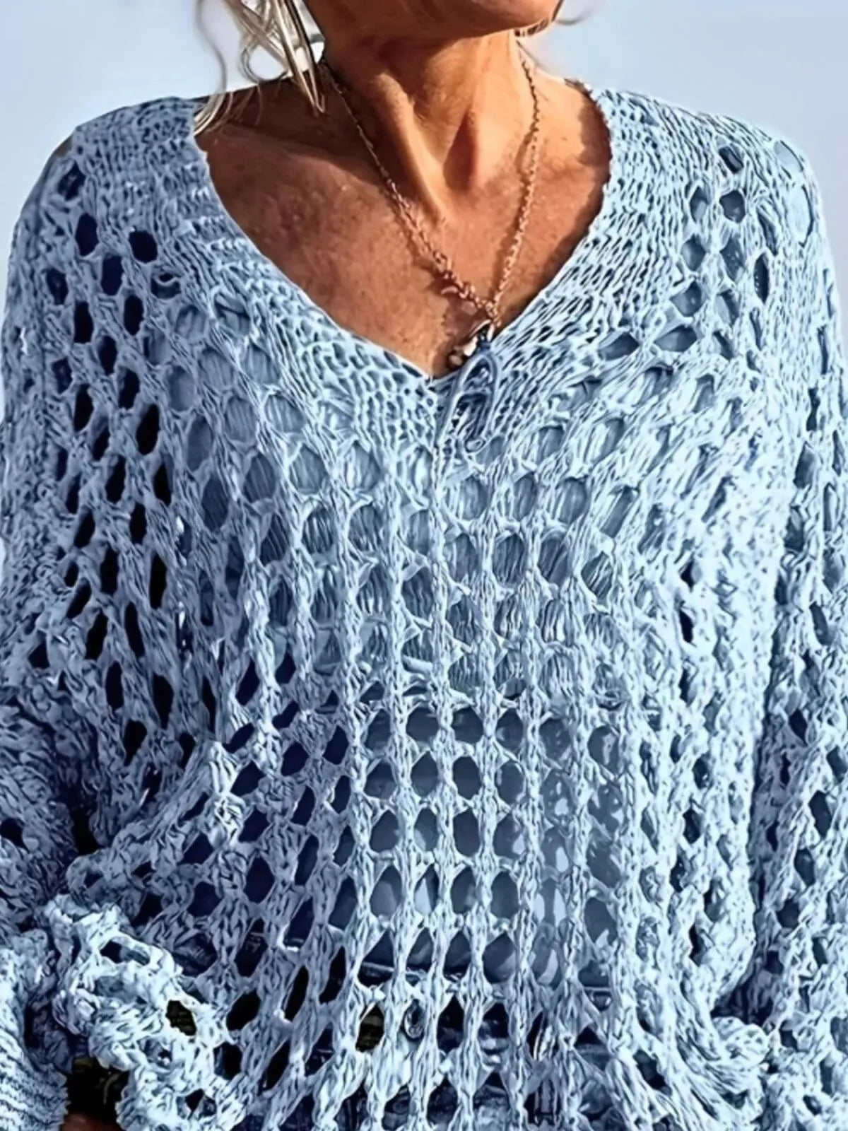 Solid Hollow Out V-neck Casual Loose-Fit Design Sweater