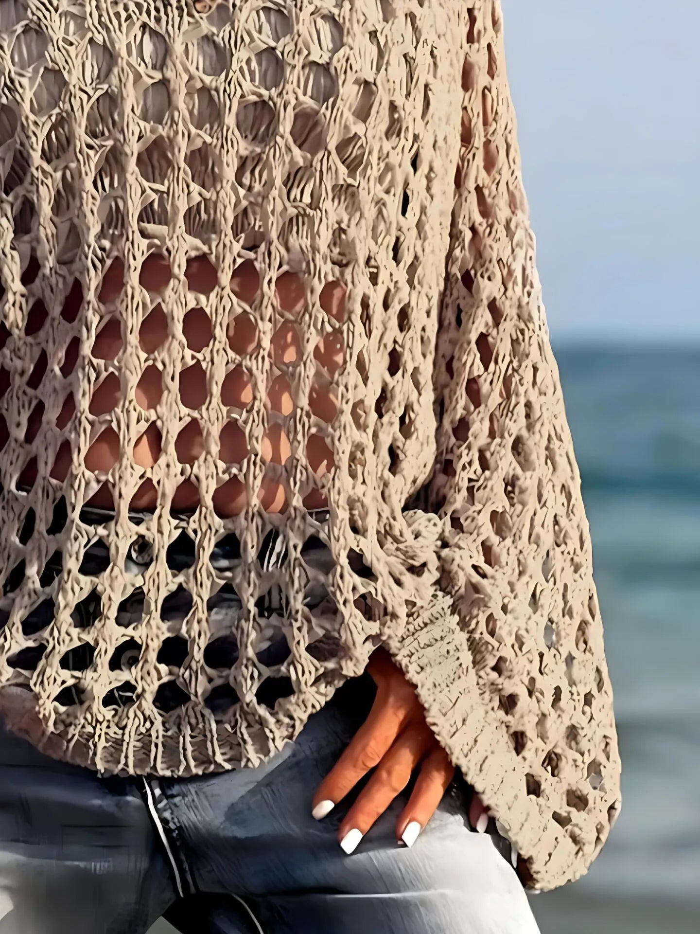Solid Hollow Out V-neck Casual Loose-Fit Design Sweater