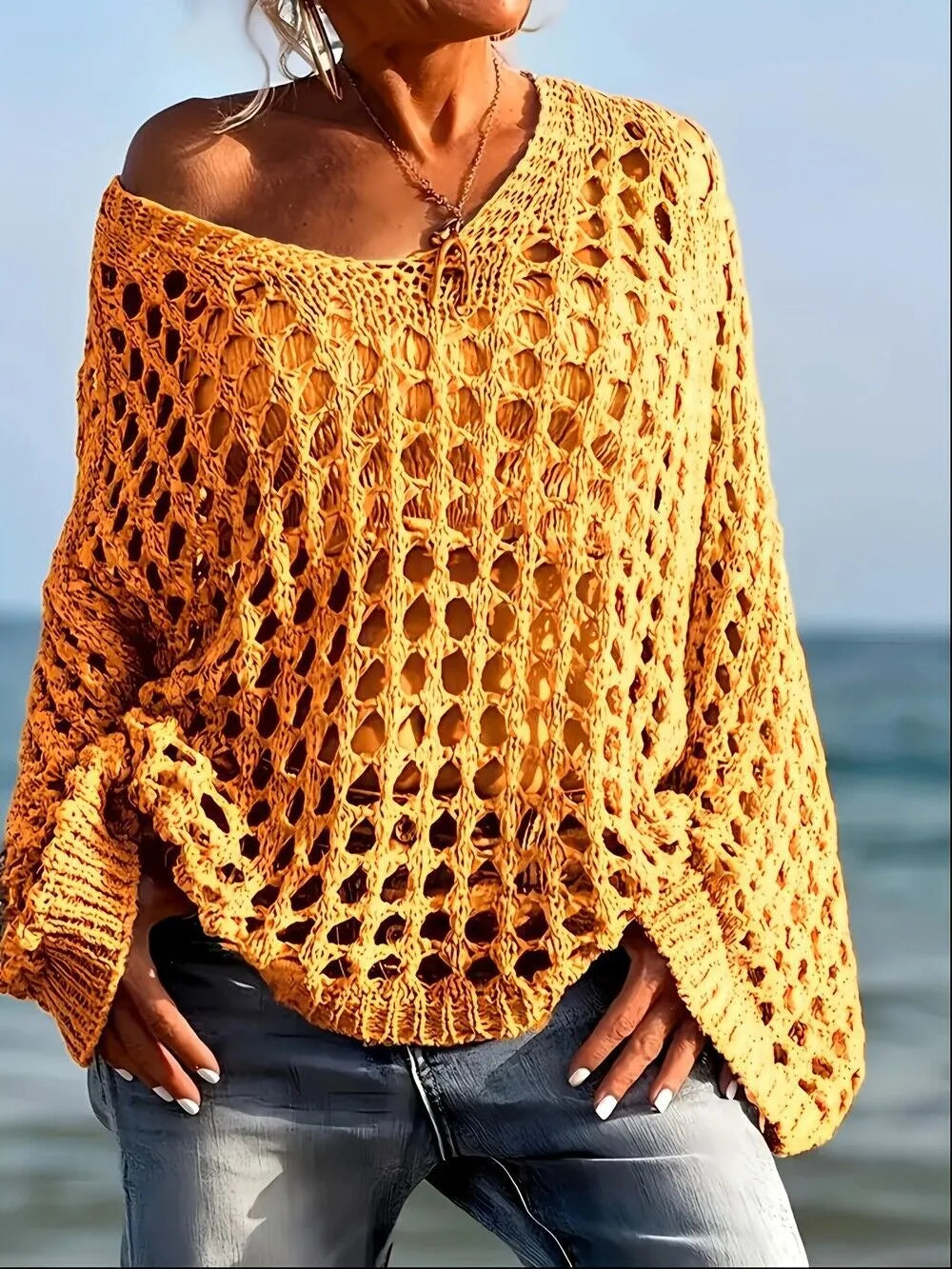 Solid Hollow Out V-neck Casual Loose-Fit Design Sweater