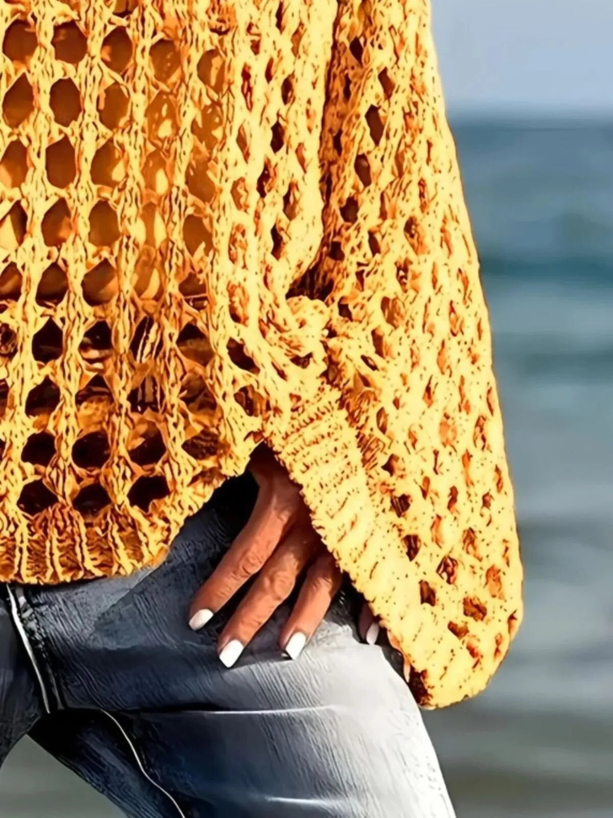 Solid Hollow Out V-neck Casual Loose-Fit Design Sweater