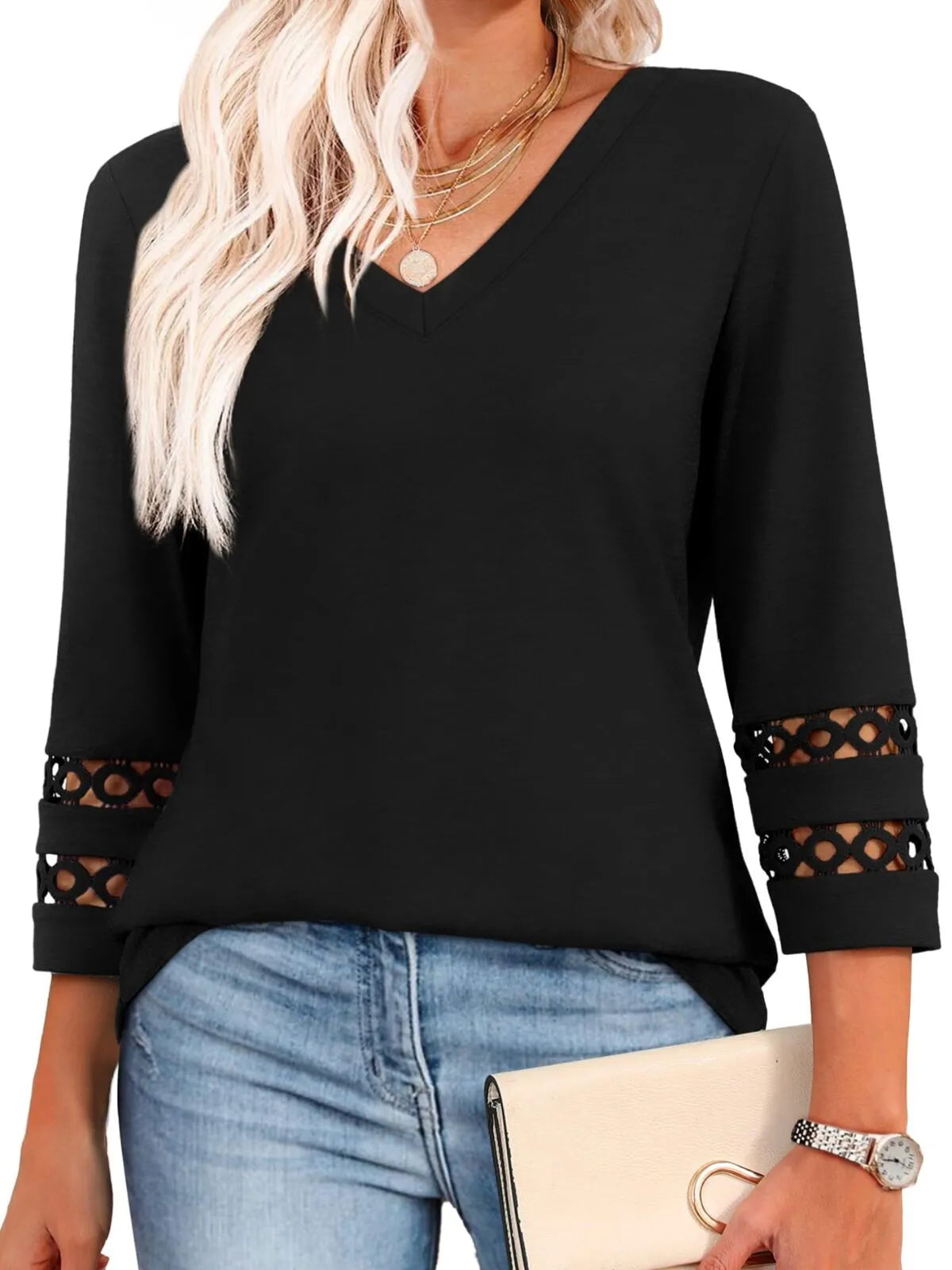 Solid Hollow Out V-neck Dressy Casual Trendy T-shirt