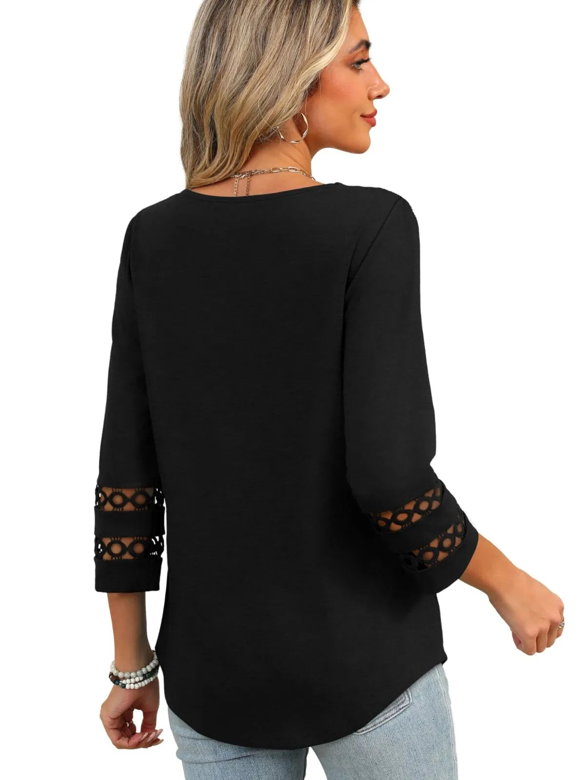 Solid Hollow Out V-neck Dressy Casual Trendy T-shirt
