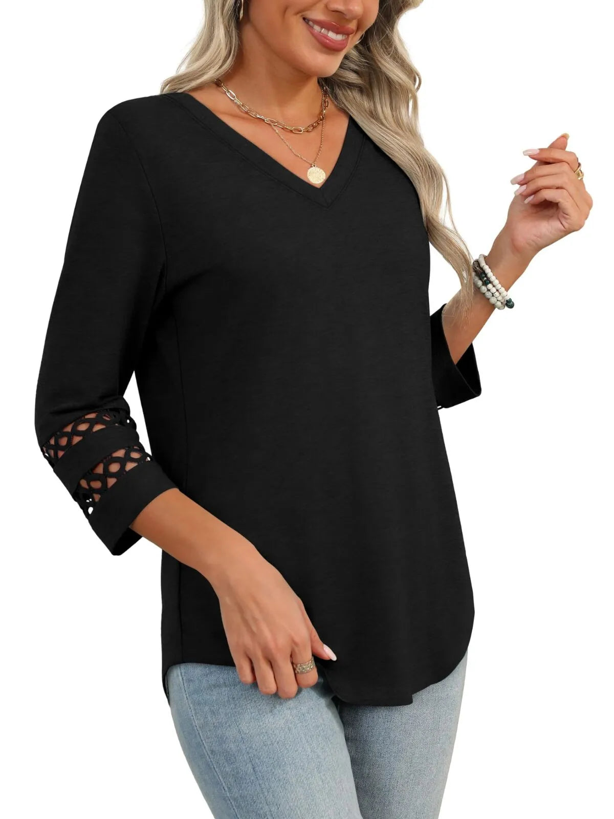 Solid Hollow Out V-neck Dressy Casual Trendy T-shirt