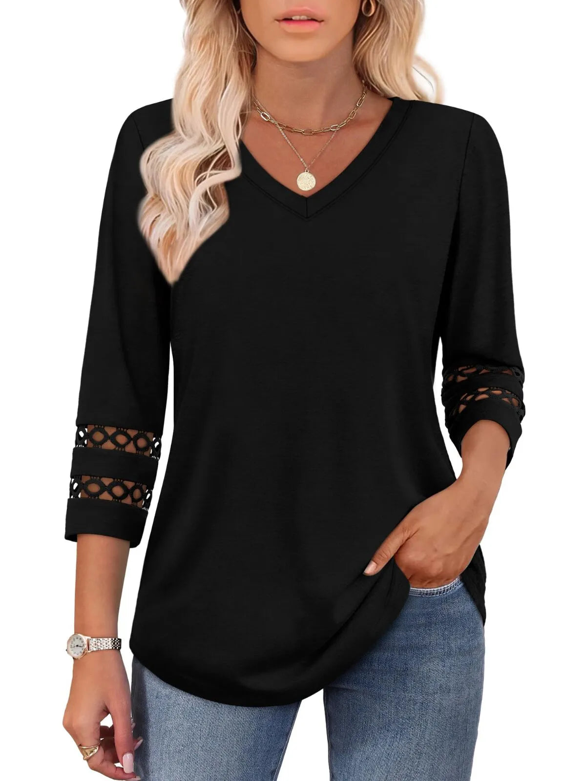 Solid Hollow Out V-neck Dressy Casual Trendy T-shirt