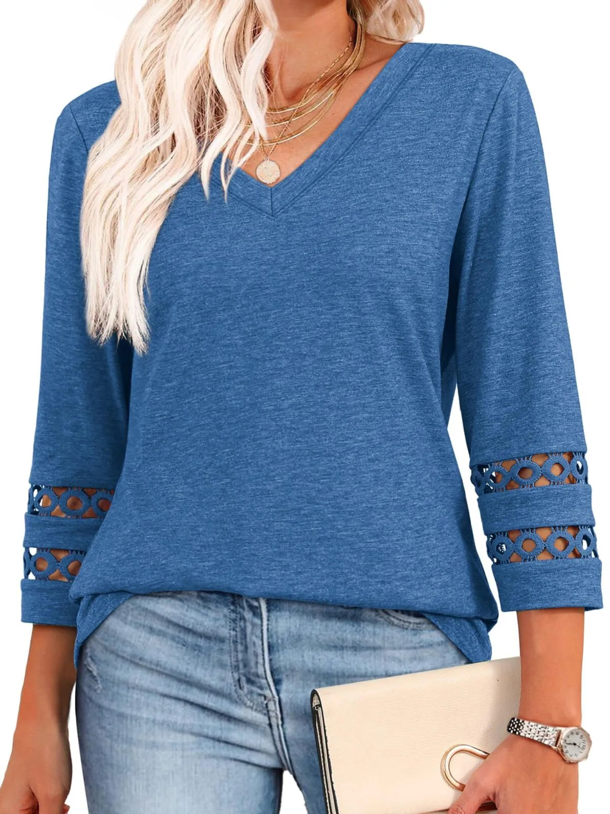 Solid Hollow Out V-neck Dressy Casual Trendy T-shirt