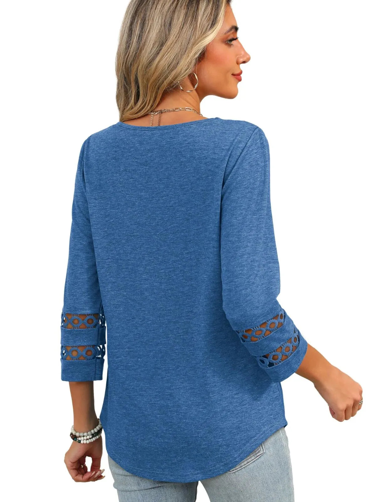 Solid Hollow Out V-neck Dressy Casual Trendy T-shirt